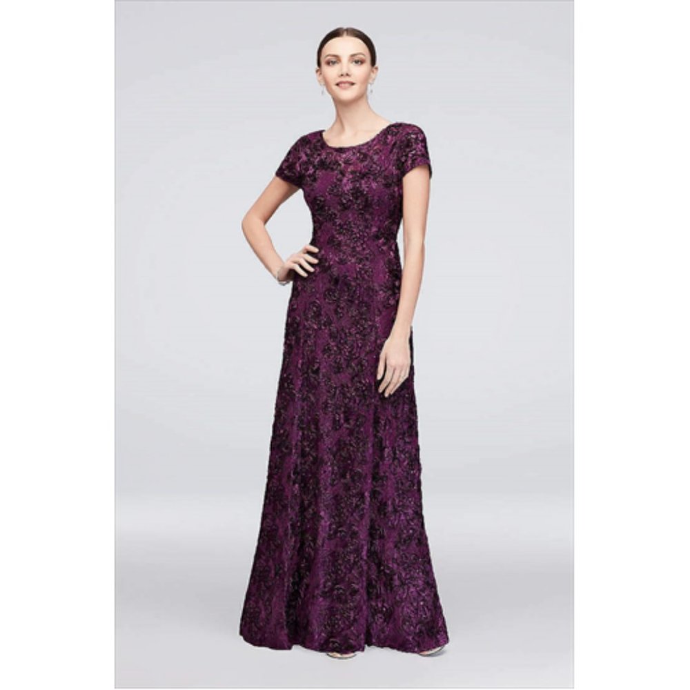 ALEX EVENINGS NEW Rosette Lace Cap Sleeve A-line Gown Eggplant Size 8